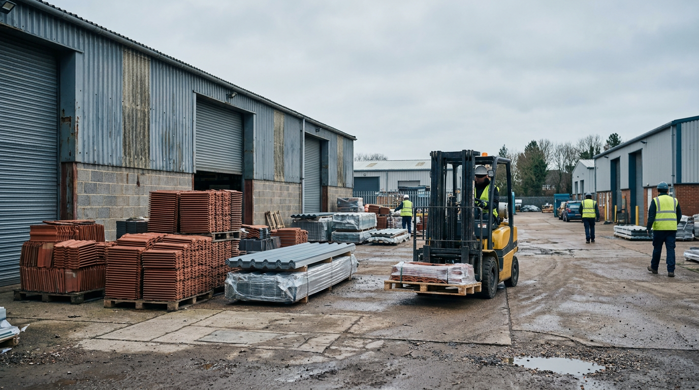 Roofing and cladding supplies stacked beside a warehouse in a merchant’s depot yard. — AJW Roofing & Cladding Supplies