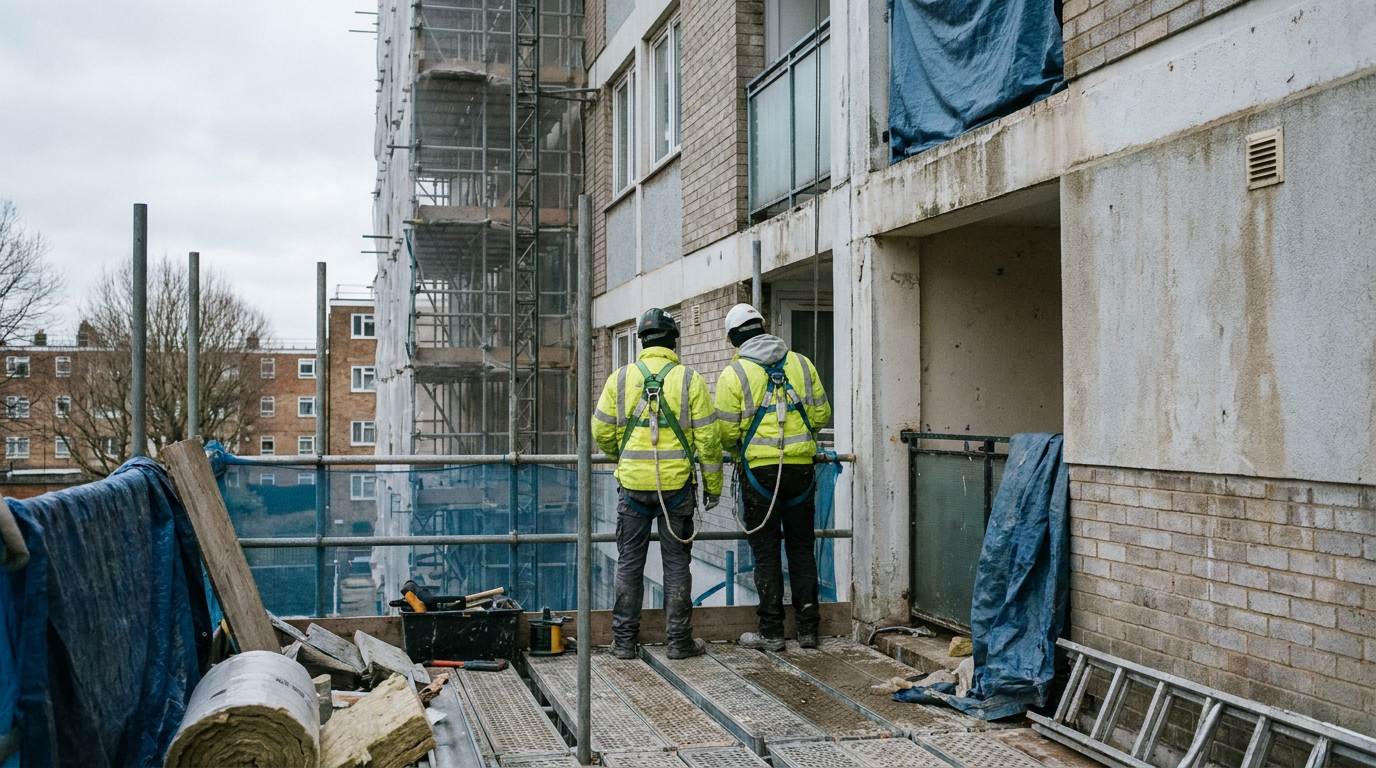 Building remediation work on a scaffolded mid-rise residential block during the day — Anamore