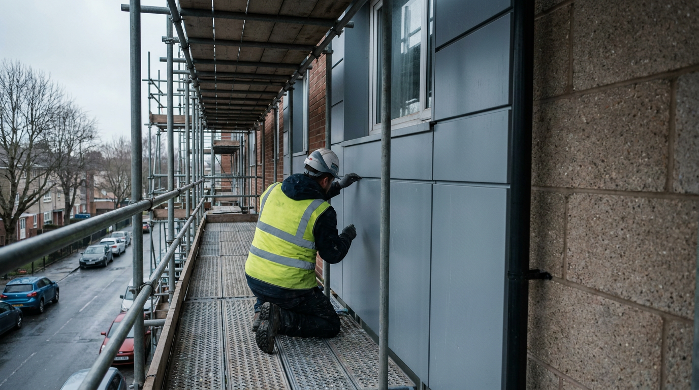 Cladding inspection on scaffolding beside a mid-rise residential block in the UK — Ardmore Construction