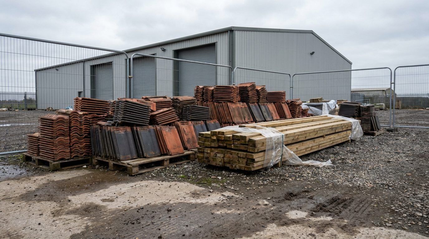 Roof tiles and roofing battens stacked in a contractor’s storage yard — Avonside Roofing