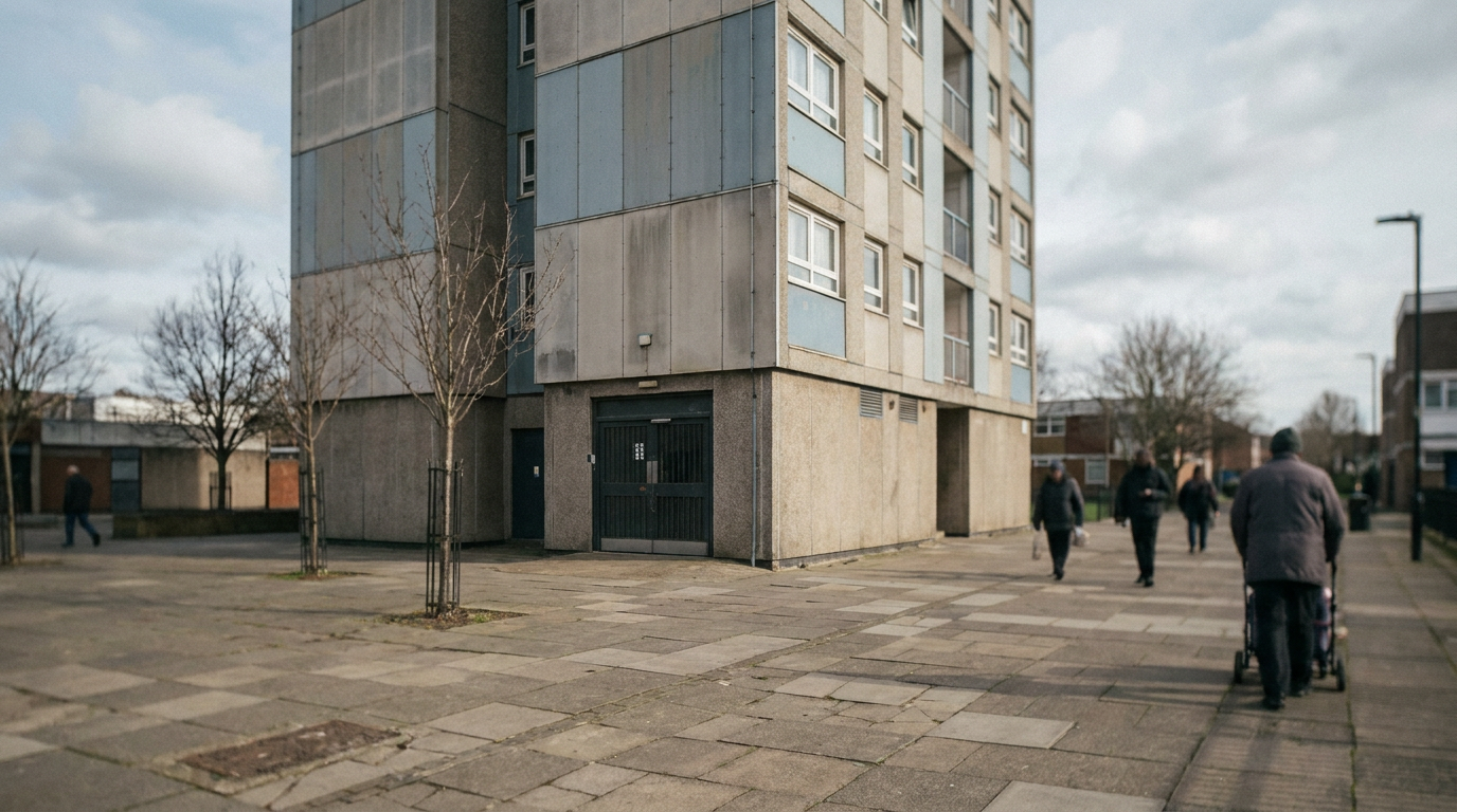 Council housing tower with external cladding and a communal entrance beside a courtyard — Grenfell Tower