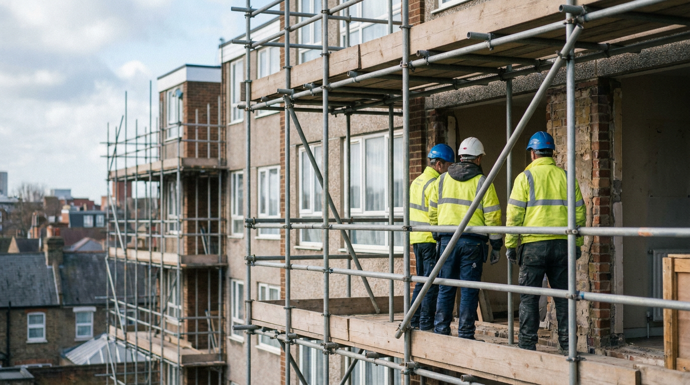 Facade remediation at a scaffolded residential block with workers inspecting an exposed wall — Barratt Redrow