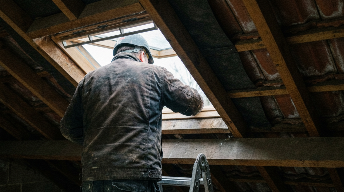 Roofing contractor checking timber rafters inside a house roof space — Bat Conservation Trust