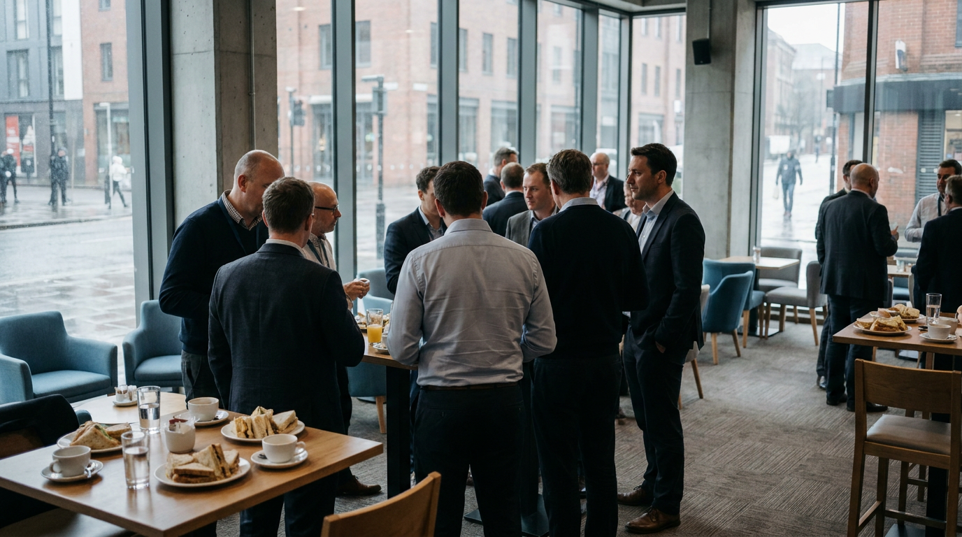 Roofing industry networking delegates talking around tables at an indoor leisure venue. — BFRA