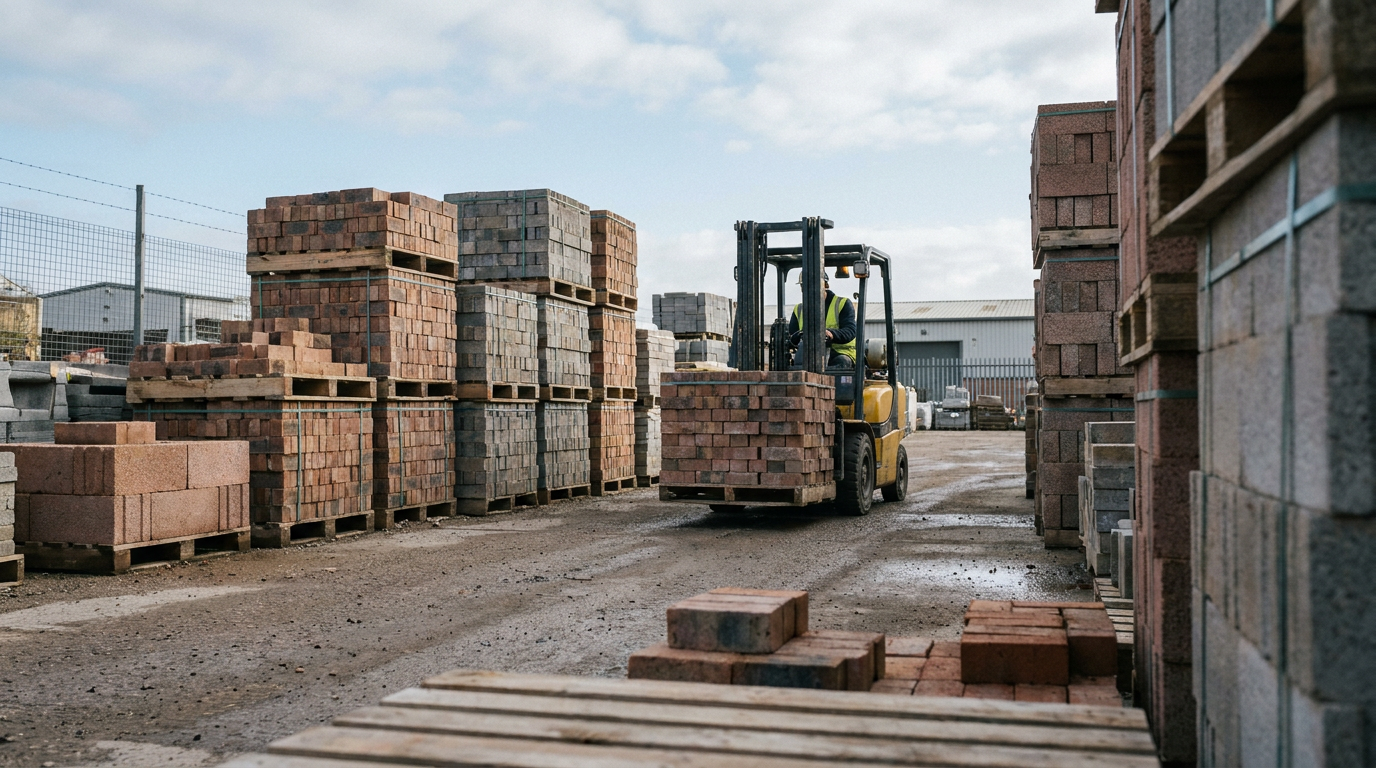 Brick pallets stacked in a construction materials yard with a forklift — Bricks