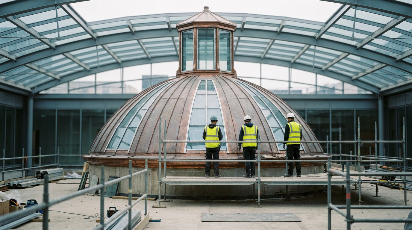 Copper-clad dome and glazed lantern inspected from scaffolding beneath a courtyard roof. — British Museum