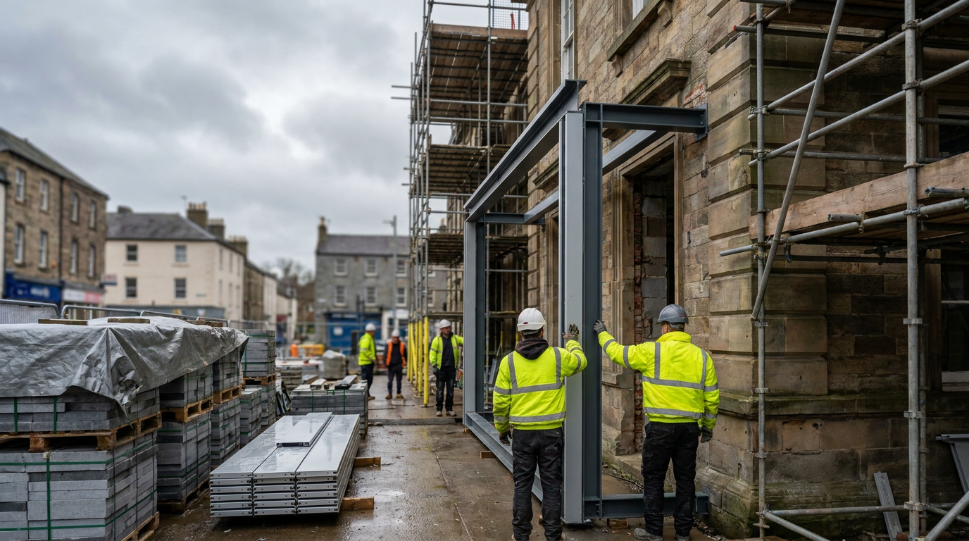 Steel facade framing installation at a former stone library undergoing museum conversion — CCL Facades