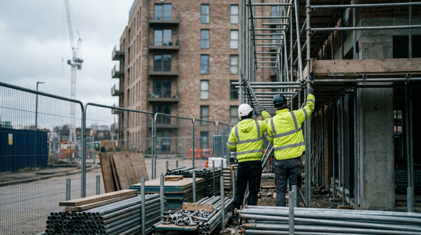 Scaffolding being assembled beside a mid-rise residential block on a UK construction site — CISRS