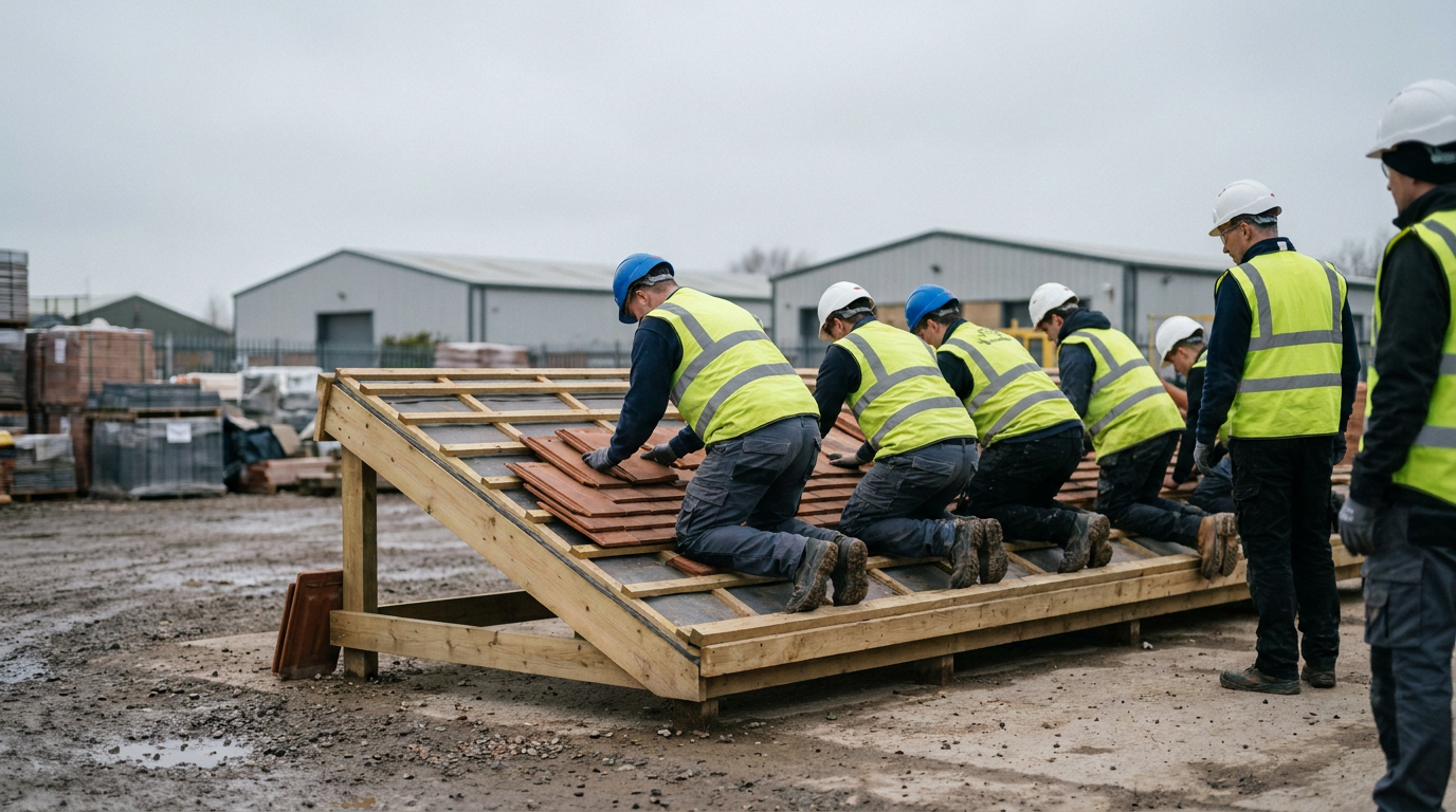 Roofing trainees laying tiles on a pitched-roof rig in a construction training yard. — CITB