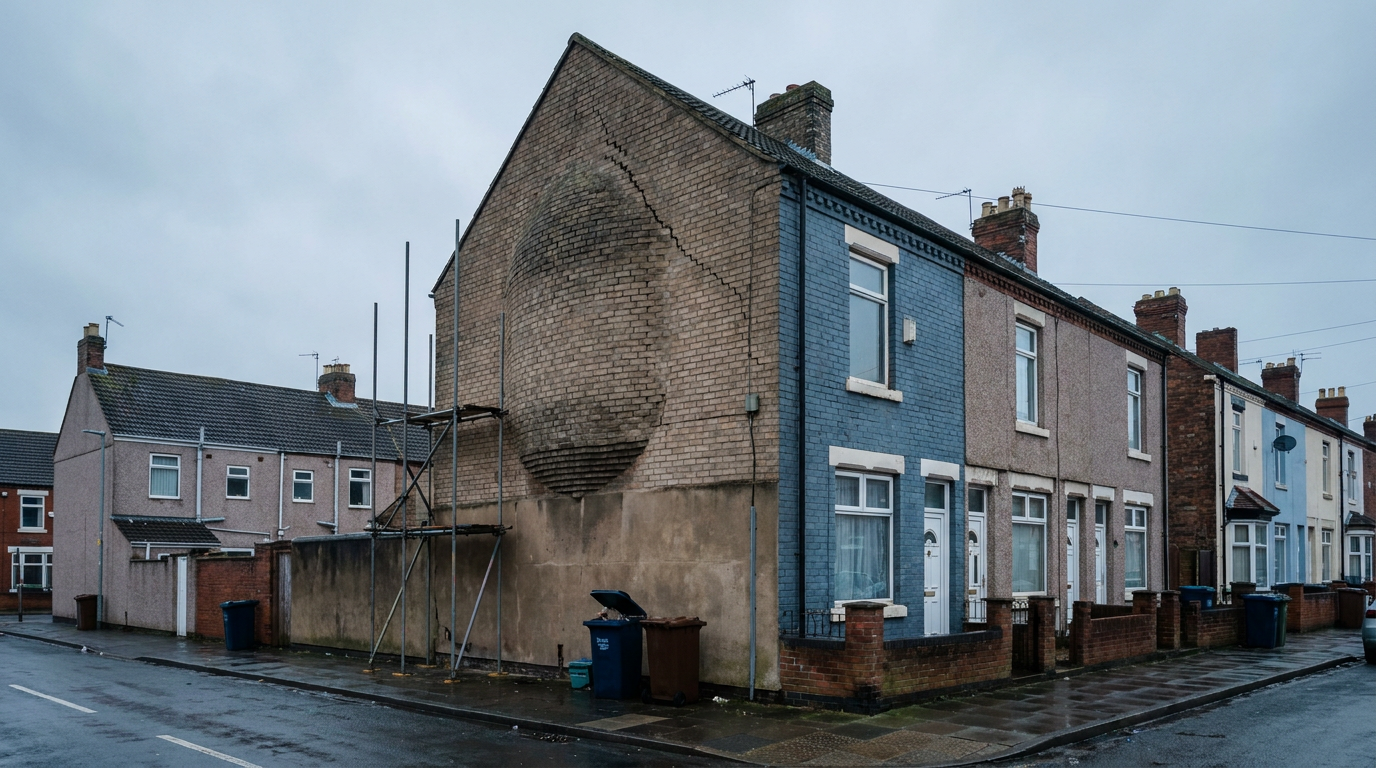 Bulging brick gable wall on an end-of-terrace rental house in a residential street — Building safety