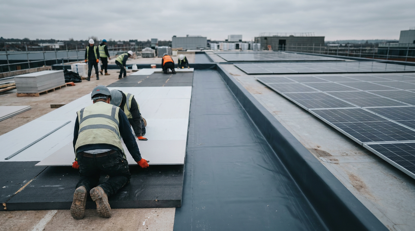 Gypsum roof cover boards being installed above insulation on a commercial flat roof — DensDeck Prime