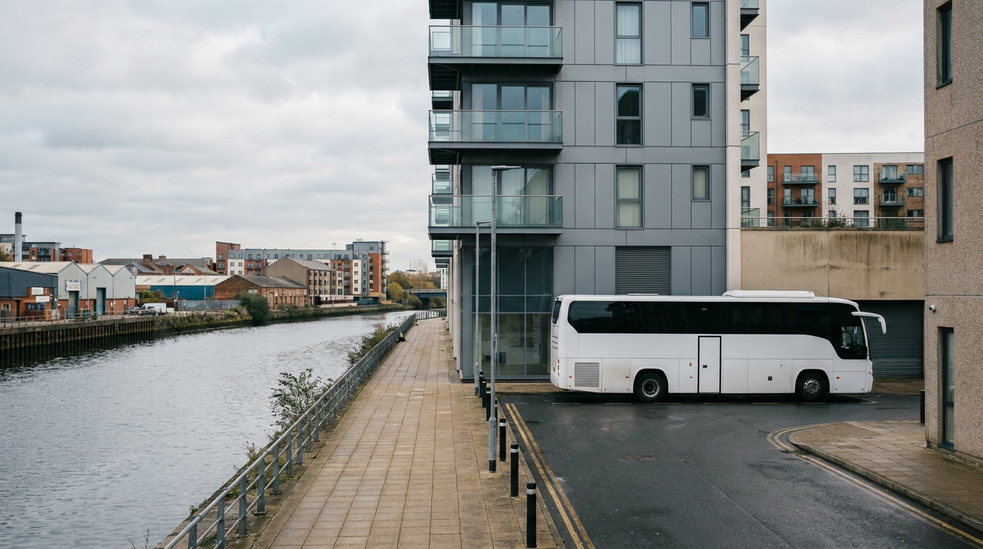 High-rise residential glazing above a roadside coach beside a UK riverside pavement — Window safety