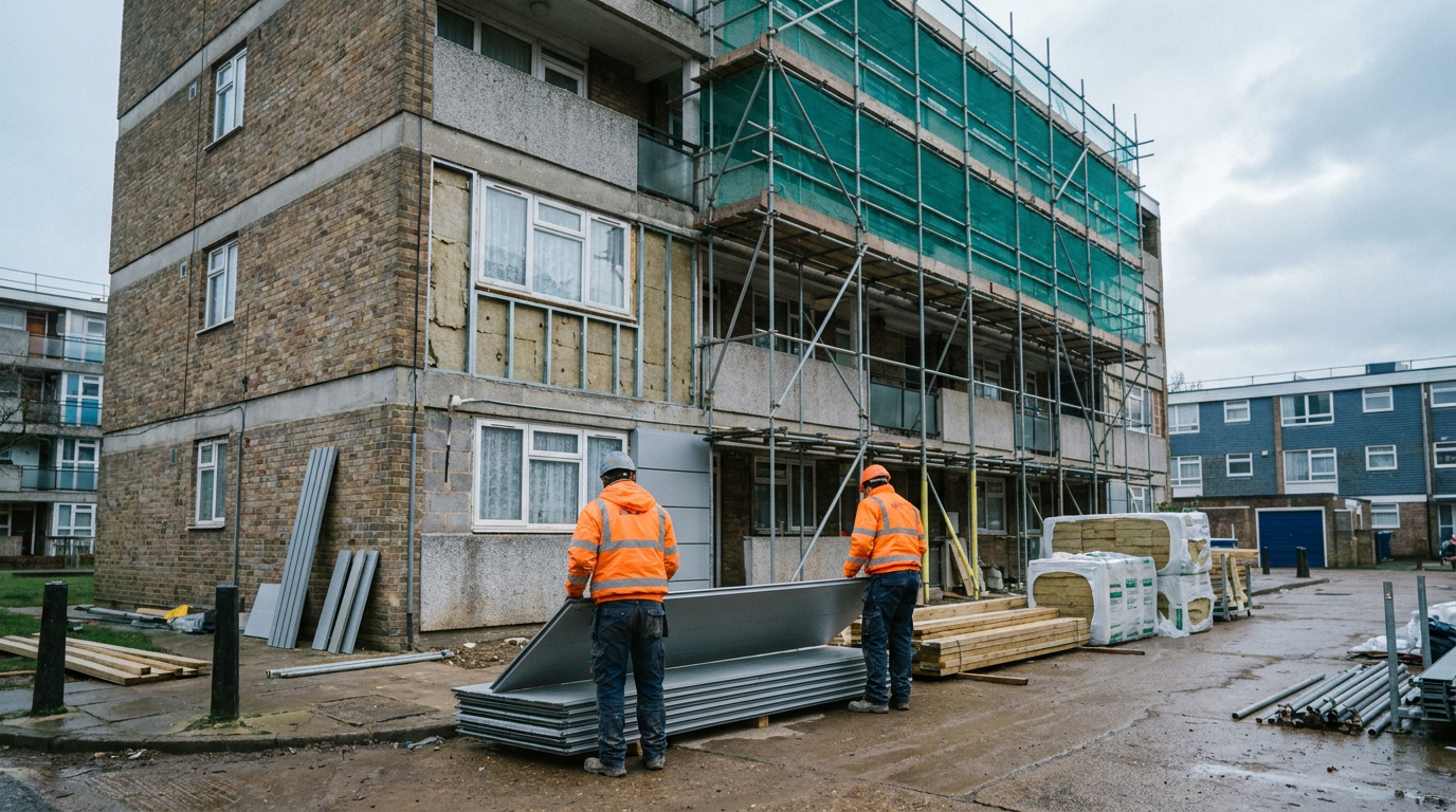 Facade remediation works and cladding panels beside a scaffolded residential block — Errigal Contracts