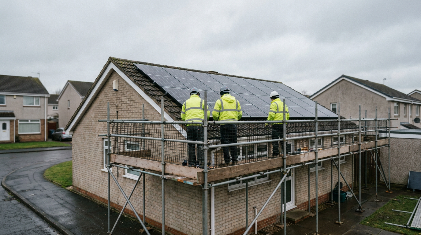 Solar panel installation on a bungalow roof at a UK residential estate. — Esh Construction