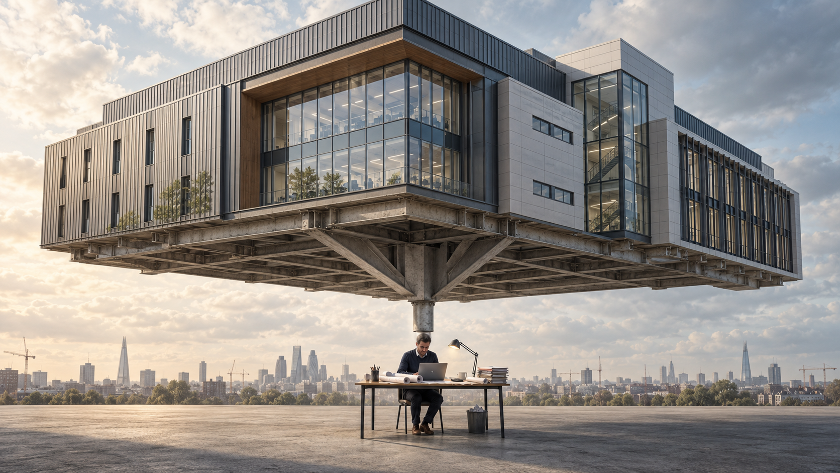 A commercial building supported above a lone estimator working at a small desk, illustrating the business's dependence on estimating.