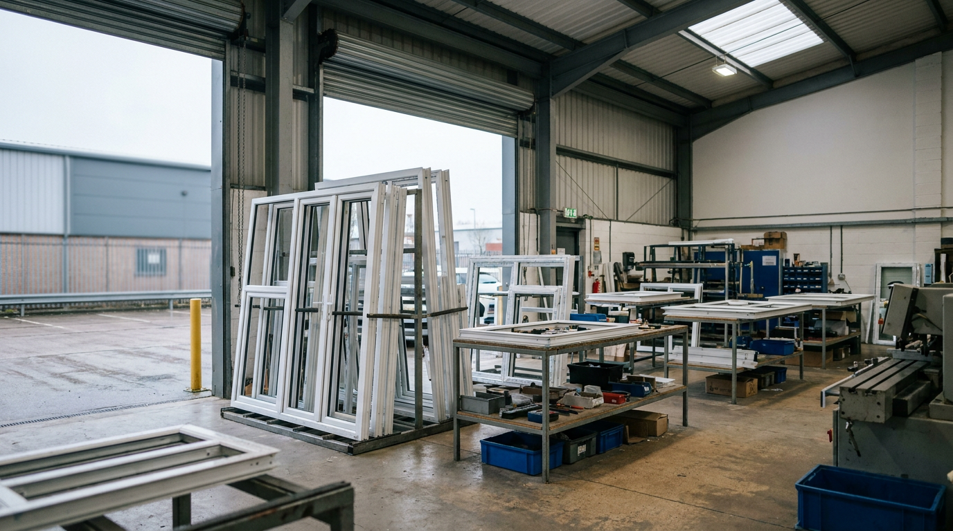 uPVC window and door frames stored beside idle benches in a manufacturing workshop — Evoframes