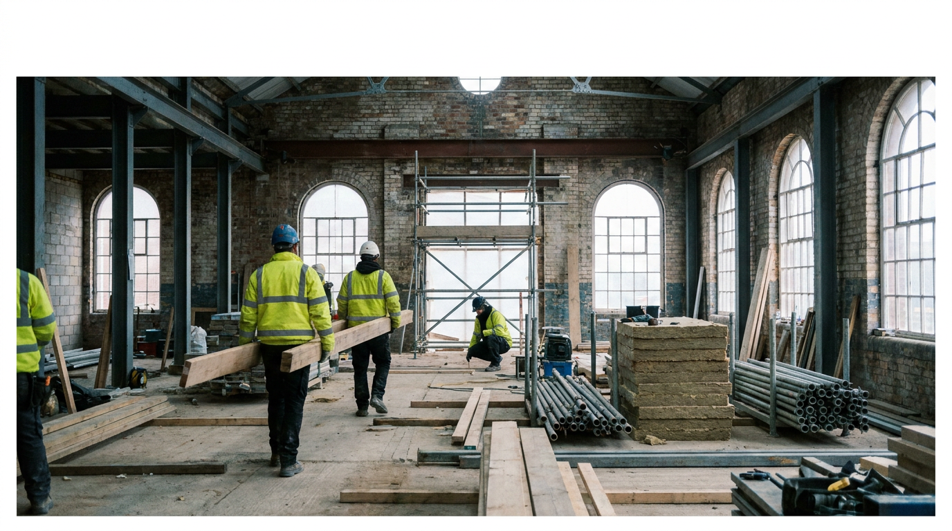 Heritage training centre conversion work inside a former industrial building — Traditional building retrofit