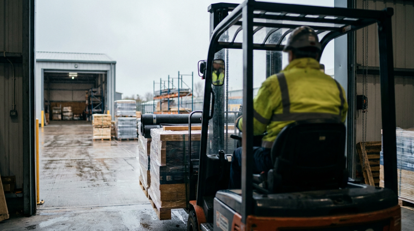 Roofing materials being moved towards a loading bay at a supplier's warehouse — Garland UK
