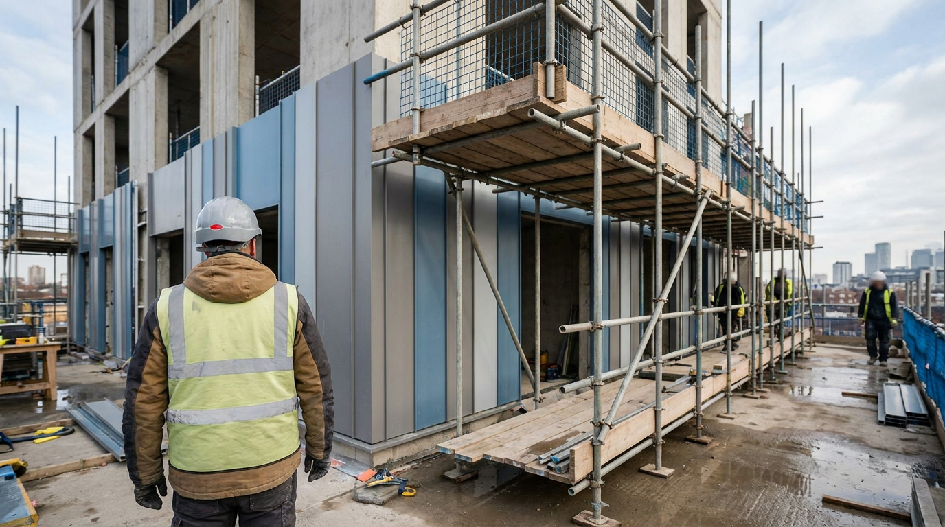 Facade installation inspection at a high-rise residential block under construction in the UK — Building Safety Regulator