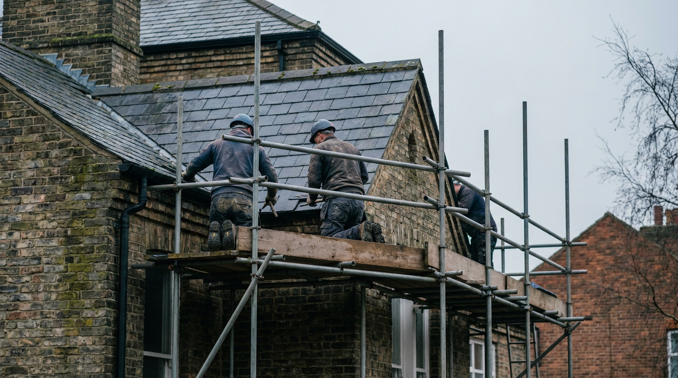 Heritage roof repairs under way on a scaffolded historic brick building — Heritage roofing