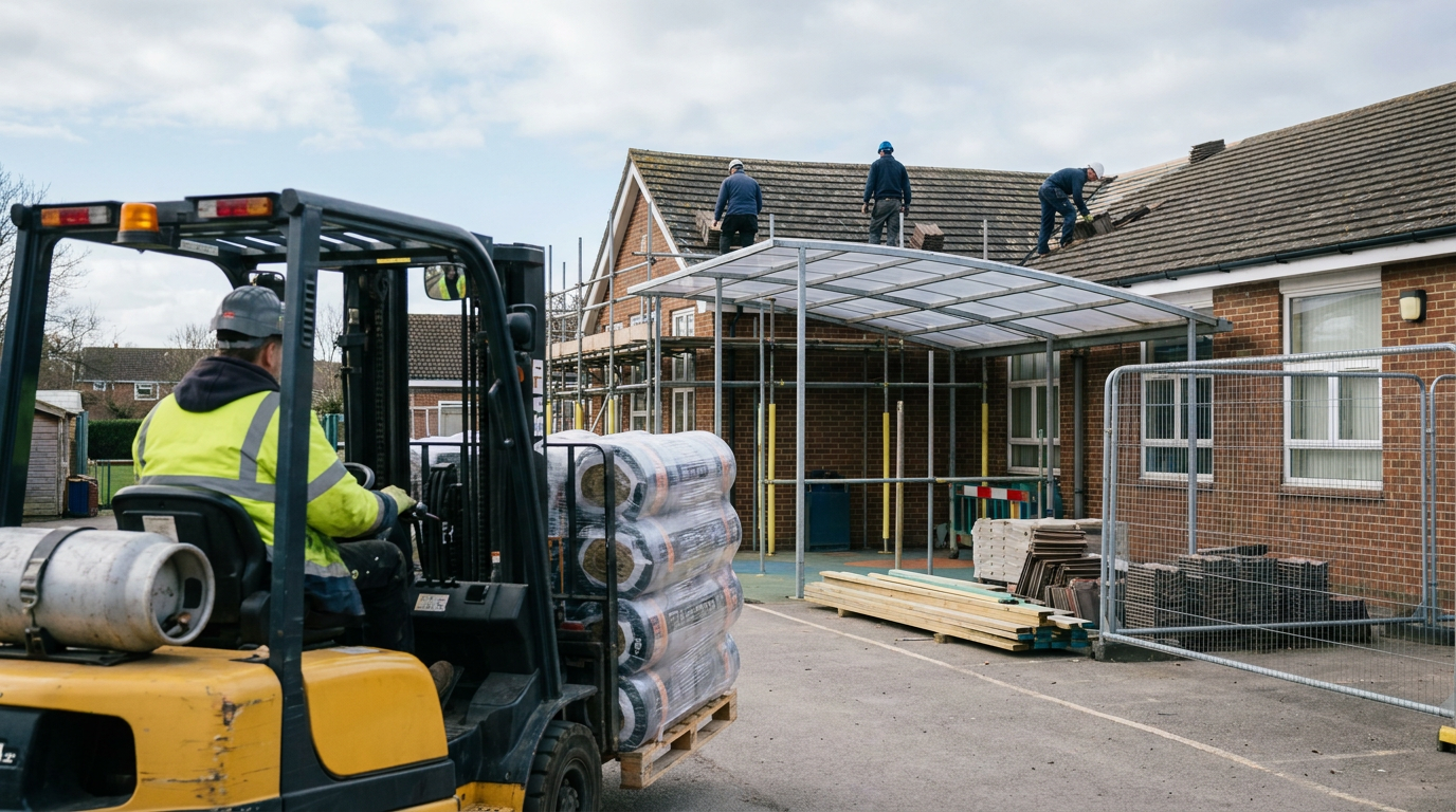 School roofing work beside a covered play area, with materials moved by forklift — Hodgson Sayers