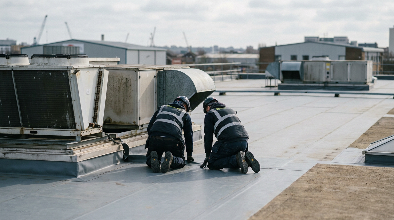 Flat roof waterproofing inspection beside rooftop plant on a large industrial facility. — MOY Group