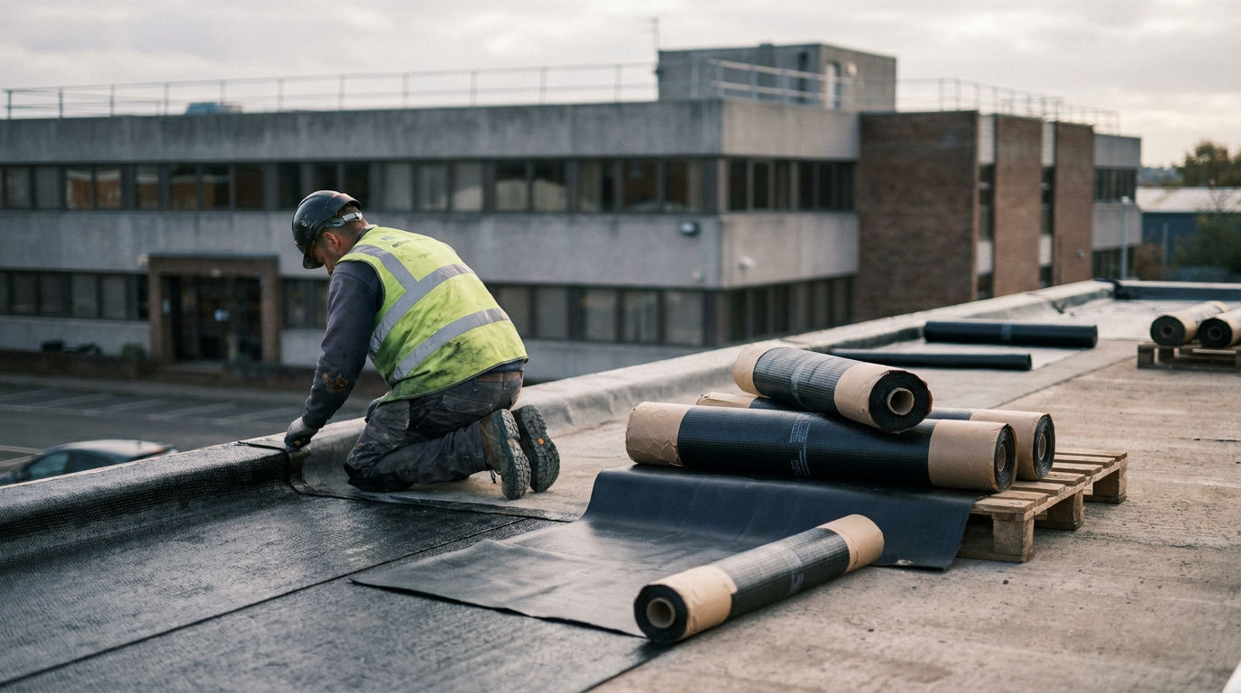 Reinforced bituminous roofing membrane rolls beside installation work on a commercial flat roof. — Langley