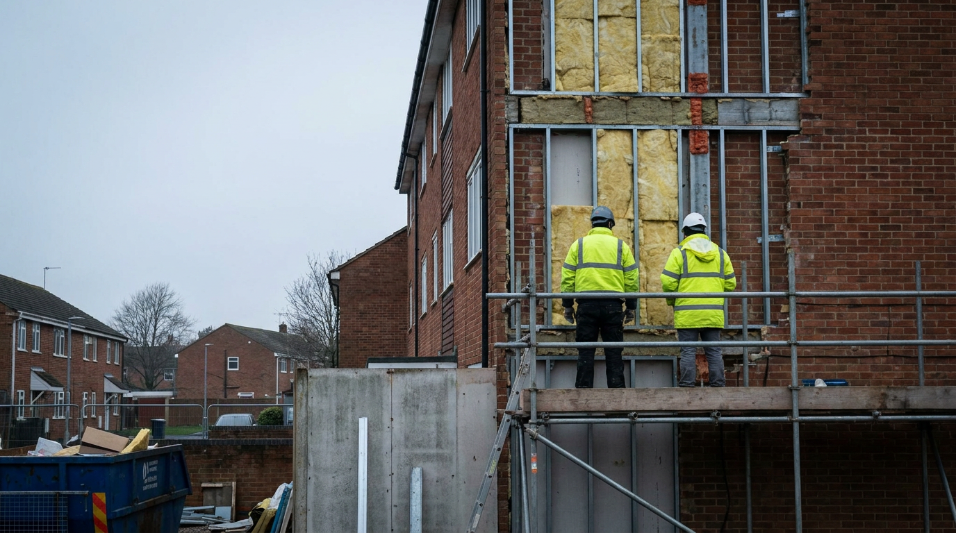 External-wall remediation exposing steel framing and insulation on a scaffolded residential block. — Lendlease