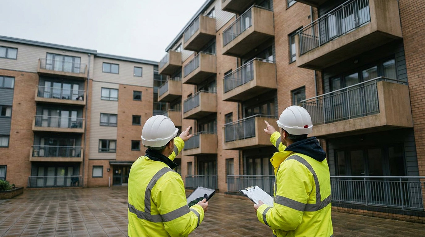 Residential fire-safety inspection of balconies and facades at a three-block housing development. — Willmott Dixon