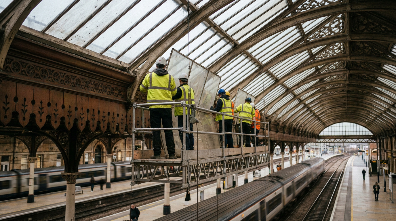 Railway station roof glazing replacement from a suspended scaffold deck above platforms — Roof refurbishment