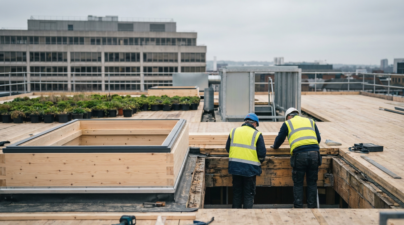 Timber roof inspection beside wooden skylight cassettes on a large office building — McAlpine