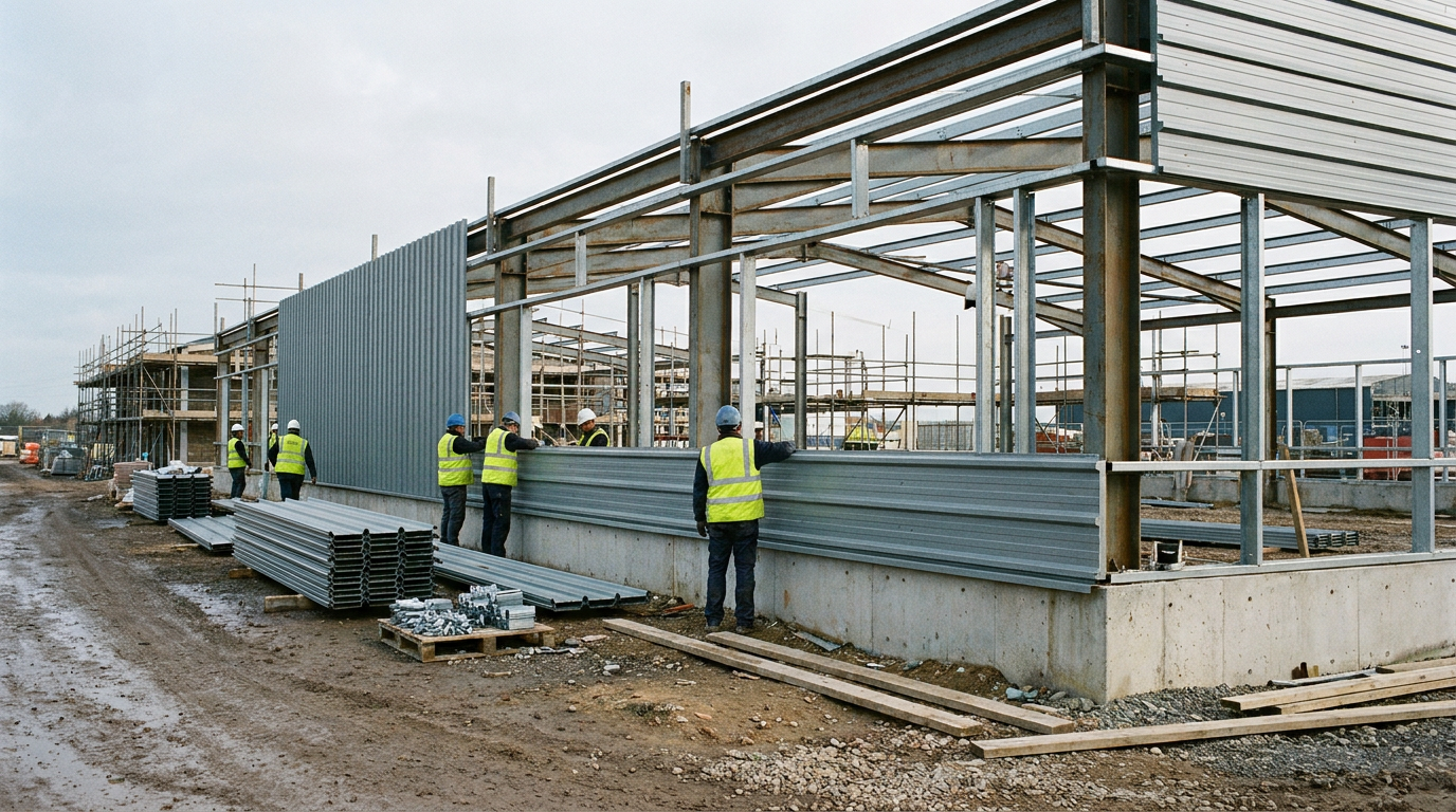 Profiled metal cladding installation on an industrial building with exposed steel supports. — MCRMA