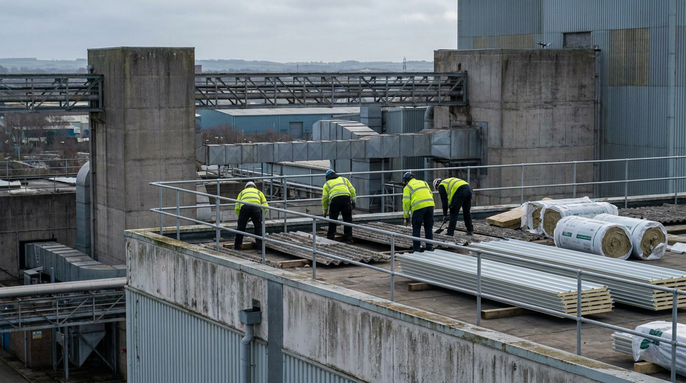 Industrial roof replacement work with temporary edge protection at a large UK plant. — Morgan Sindall