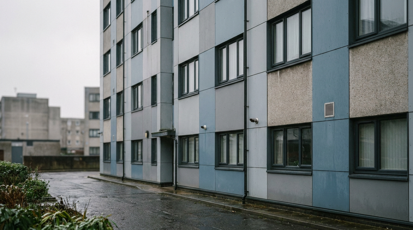 High-rise residential cladding on a tower block in an urban neighbourhood — Cladding remediation