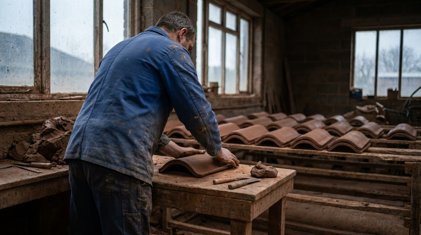 Handmade clay roof tile production at a workbench in a traditional workshop — NFRC