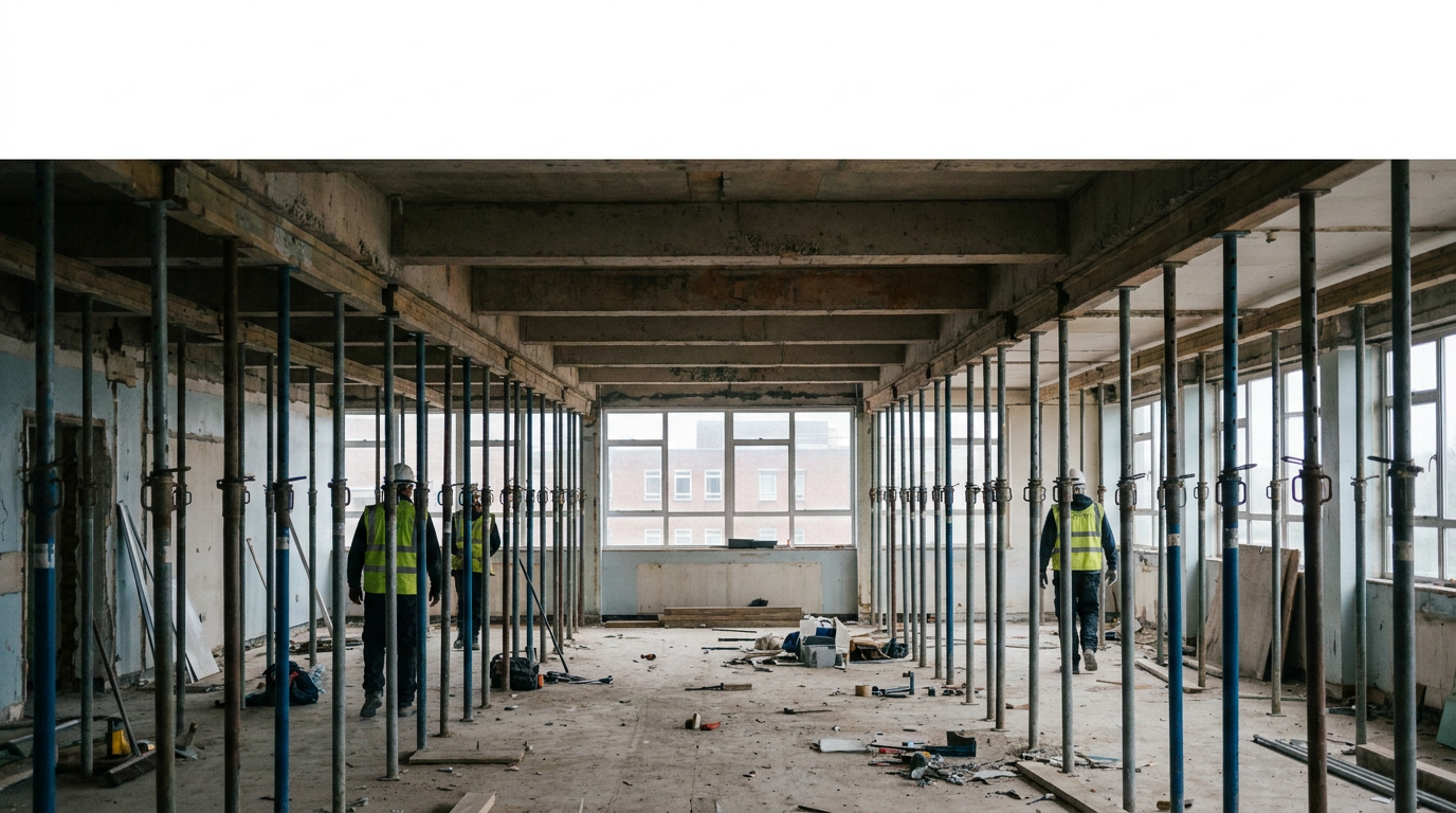 Hospital ceiling supports beneath concrete beams in an empty ward work area — RAAC