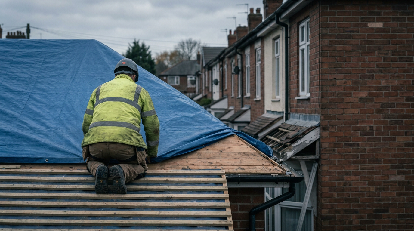 Roof decking being covered with a tarpaulin beside unfinished eaves on a house. — Roofing Today