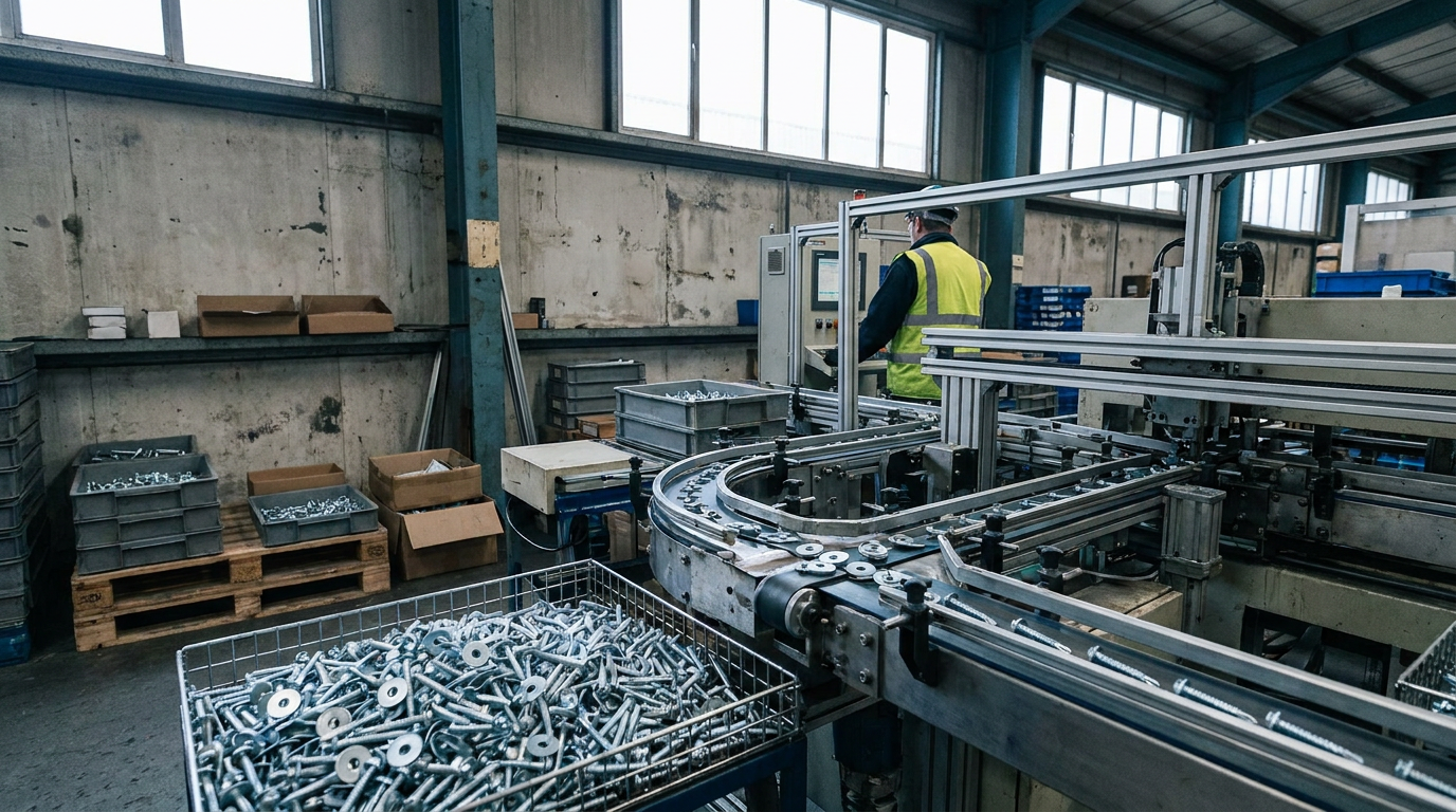 Roofing and cladding fixings beside an automated washering machine in a manufacturing workshop. — Powell Gee