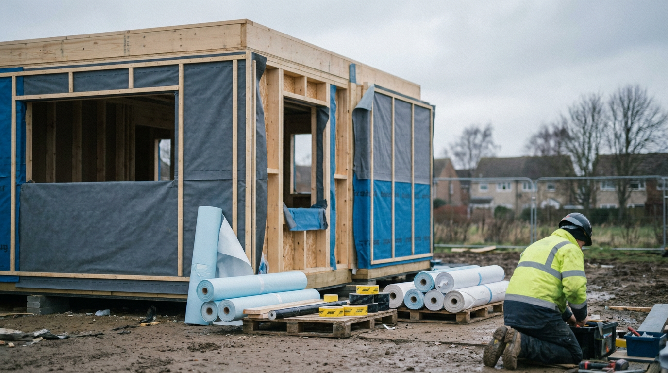 Modular timber housing with exposed membrane layers at a supported housing construction site — Proctor Group
