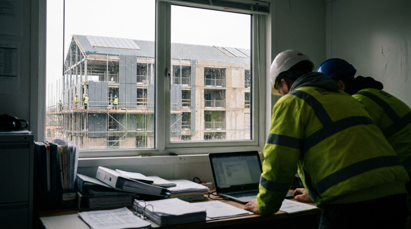 Subcontractor payment records being reviewed in a cabin beside a construction site — Procurement Act 2023