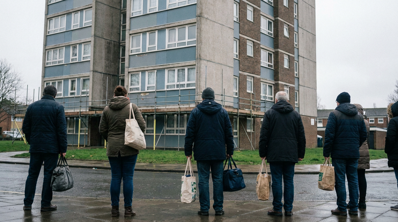 Clad residential tower block with evacuated residents carrying bags of clothes outside. — PAS9980