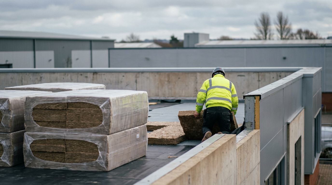 Stone wool insulation being laid on the flat roof of a commercial building — Rockwool
