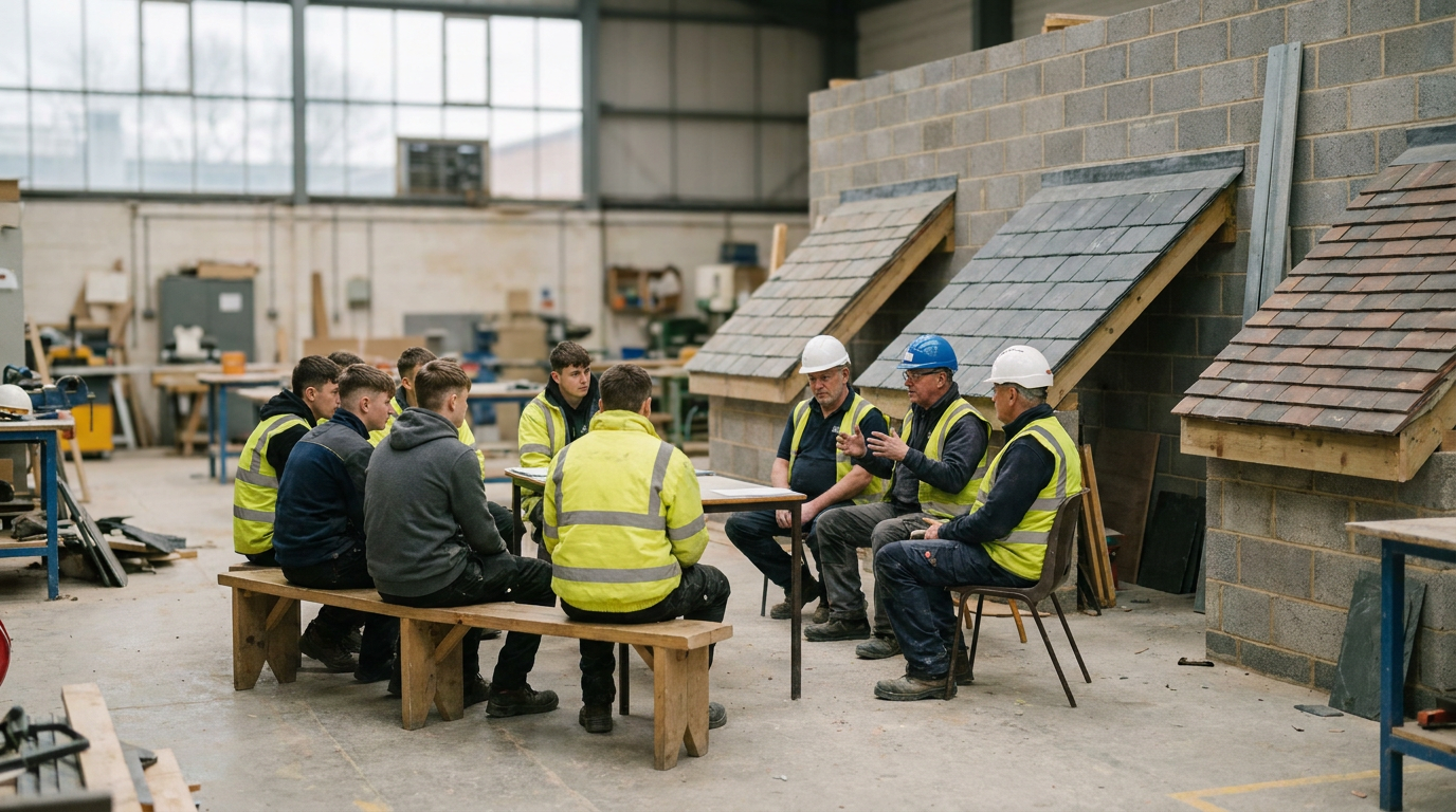 Roofing apprentices discussing career development with qualified roofers in a construction training workshop — BMI UK & Ir...