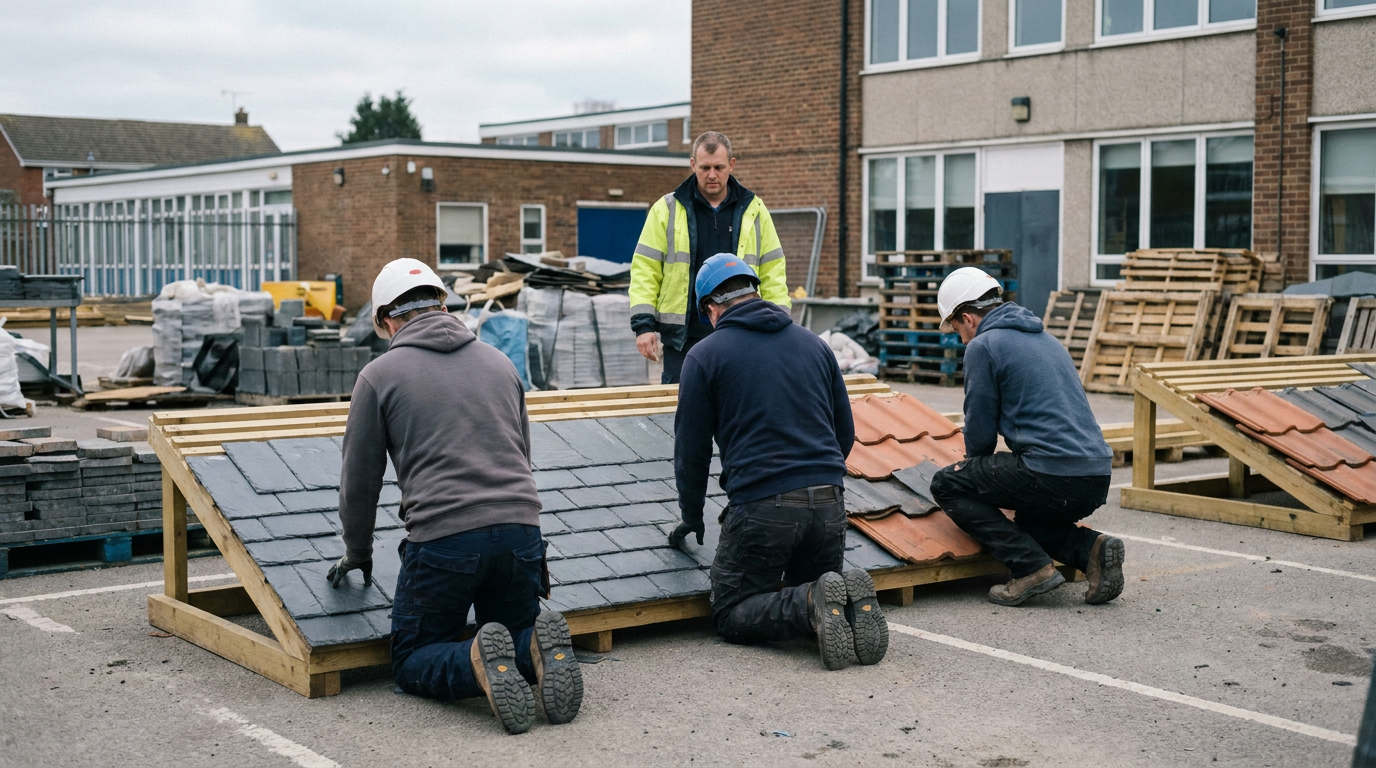Roofing apprentices laying slates and tiles on training rigs in a college yard — Roofing apprenticeships