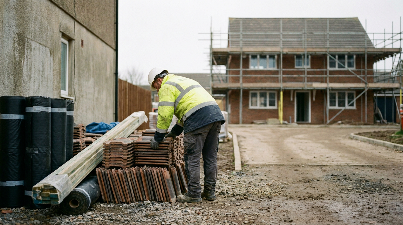 Roofing materials being checked beside a scaffolded house before roof replacement work — Materials procurement
