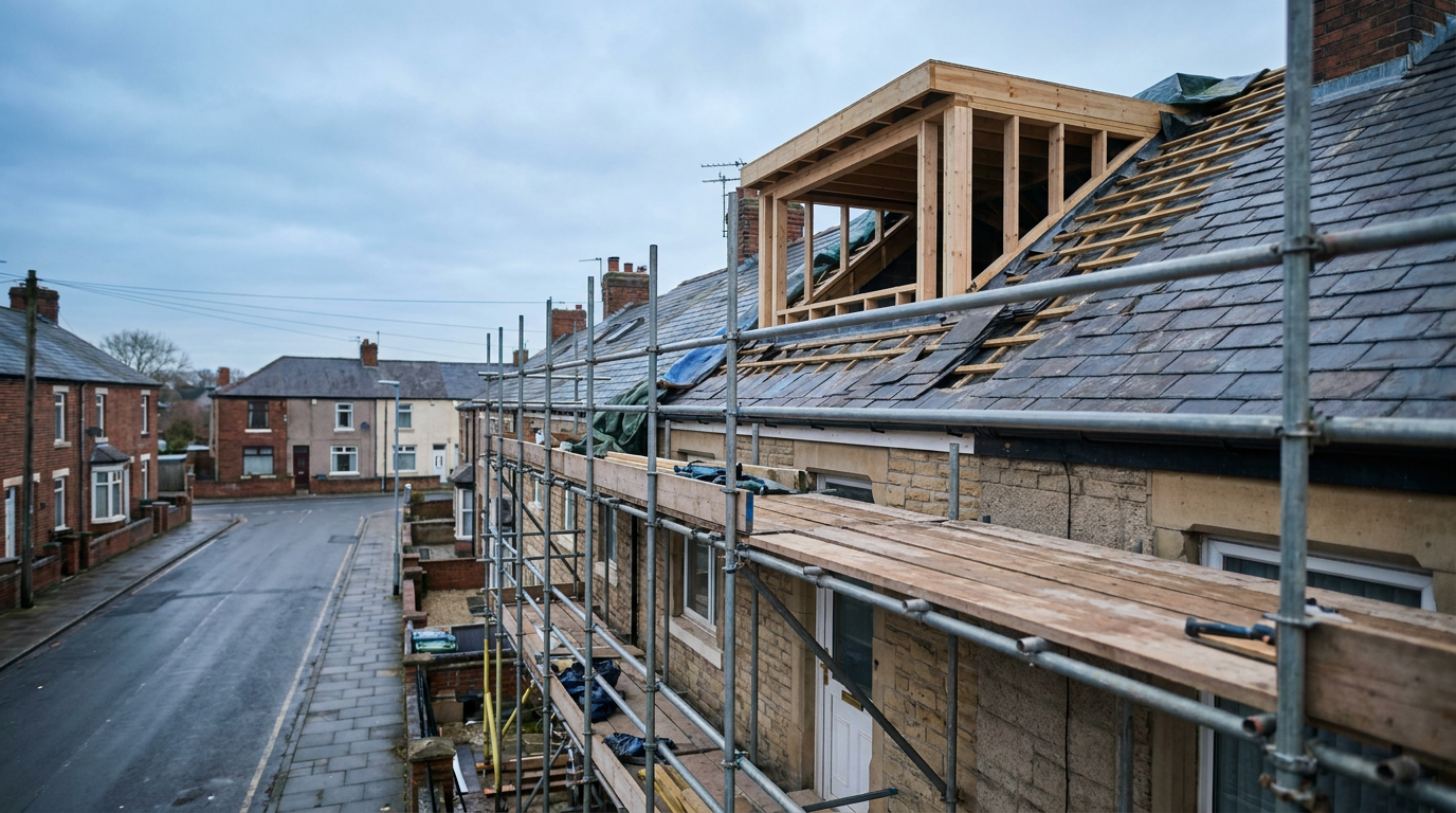 Dormer roof construction above a scaffolded mid-terrace house on a residential street. — Planning permission