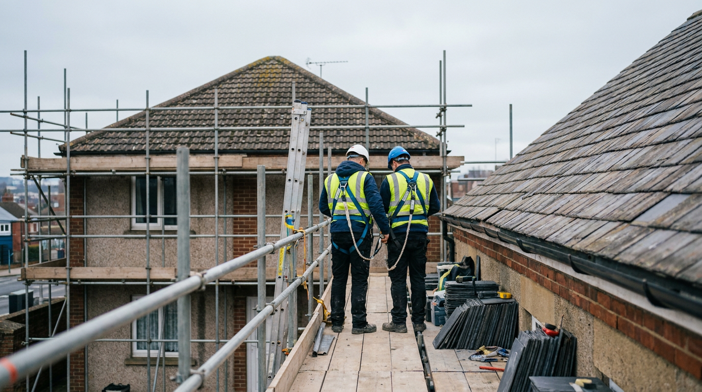 Roofers checking fall protection equipment on a scaffold platform beside a roof — Work at height