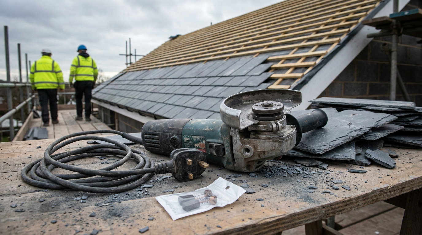 Roofing angle grinder with unplugged lead and replacement carbon brushes beside cut slates — Power tools