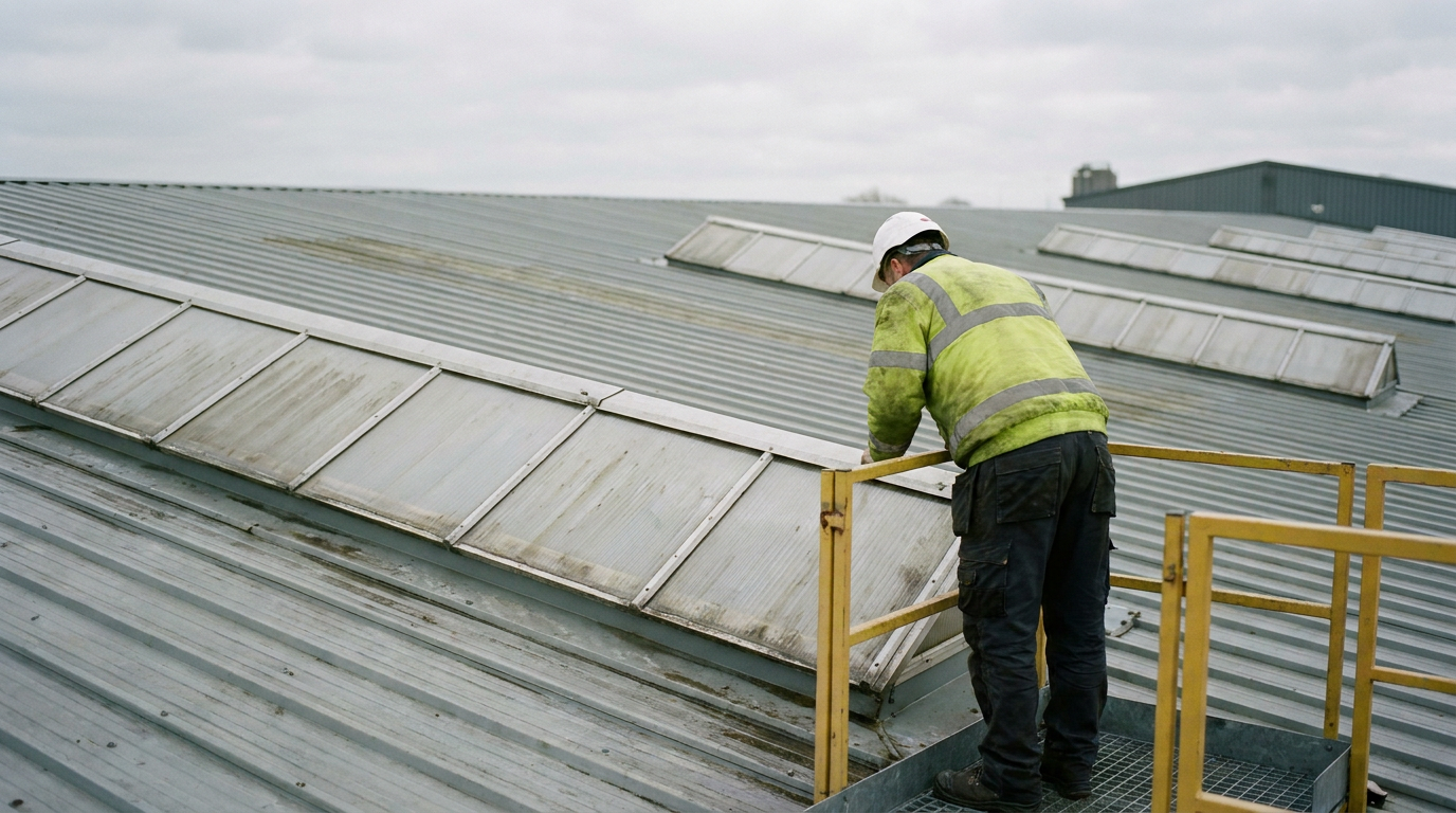 Rooflight inspection from a guarded access platform on a UK industrial roof. — Rooflight Association