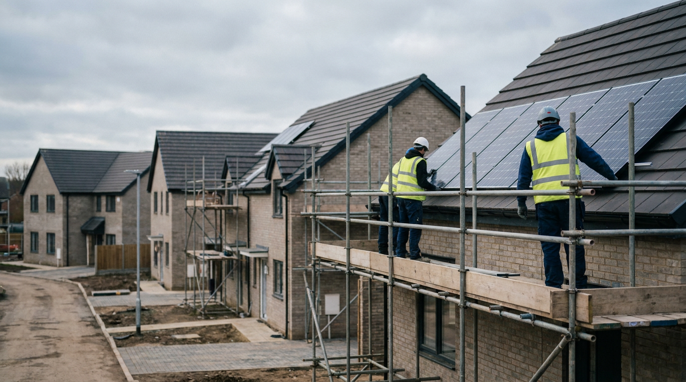 Rooftop solar panels being installed on new-build houses with tiled roofs and scaffolding — MCS